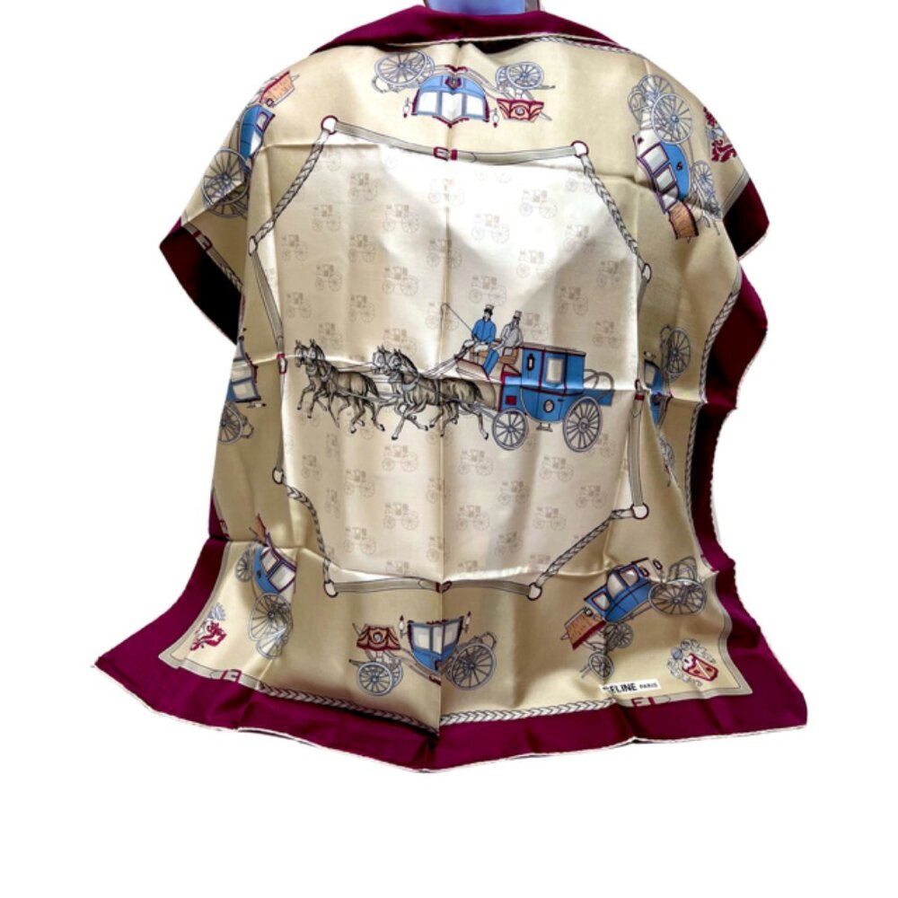 Unused Celine Paris Scarf 100% Silk 34" Gold Tan Brgendy Carriage Horses (39) - Picture 13 of 13